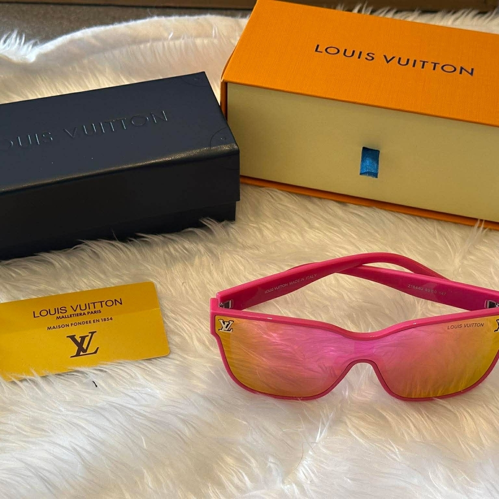 Pink Mirror Shield Sunglasses with Gold Accents - Picture 2 of 5